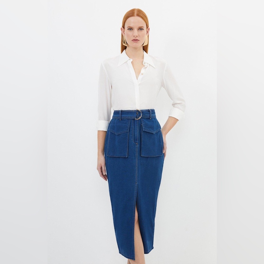 Karen Millen Stretch Woven Denim Midi Skirt Size 6 , 8 US